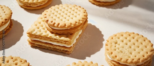 Close up of biscuits with cream filling on a white surface with shadows