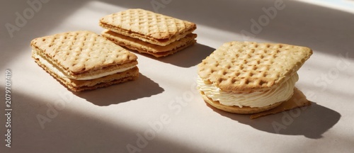 Close up of three sandwich cookies with filling on a light colored surface