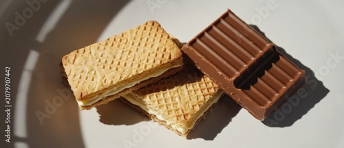 Close up of biscuits and chocolate bar on a white surface with shadows