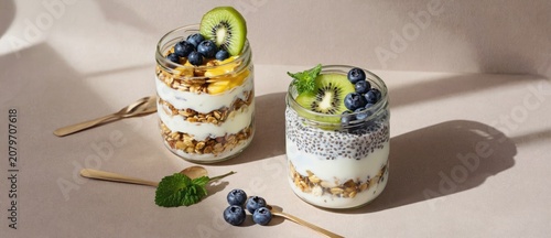 Healthy breakfast parfait with berries and kiwi fruit overhead composition