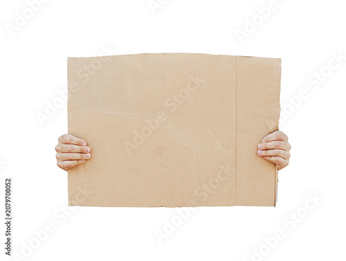 Fotografie Blank cardboard protest sign held by two hands isolated PNG on transparent backg
