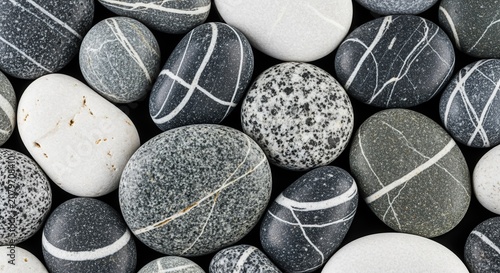 Smooth polished stones and pebbles with natural patterns and white stripes. Dark gray and white rounded rocks create a peaceful, textured background for wellness, spa design, or nature themes.