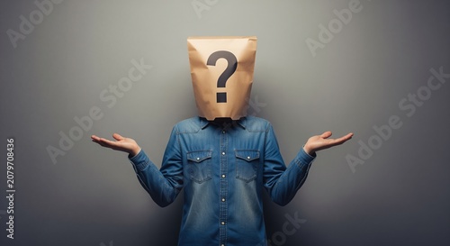 Person in blue denim shirt with brown paper bag over head showing question mark, arms raised in shrugging gesture. Represents confusion, uncertainty, doubt, or unknown concepts.