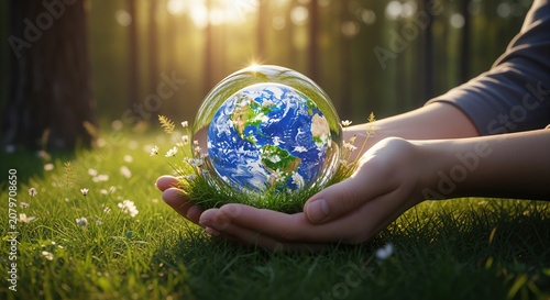Hands holding a glowing glass sphere with Earth, surrounded by green grass and forest. Symbolizes environmental protection, sustainability, and care for our planet. Ideal for eco-businesses.