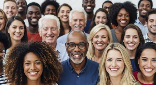 Diverse group of smiling people representing unity, teamwork, and inclusion. Men and women of various ages and ethnicities standing together, perfect for corporate culture and community themes.