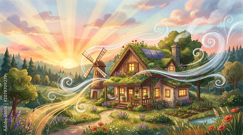 Obraz premium Artistic, stylized drawing of a house powered by nature, showing sun rays and wind flows around it, dreamlike illustration, soft warm light, aesthetic and cozy, high-quality digital painting, editori
