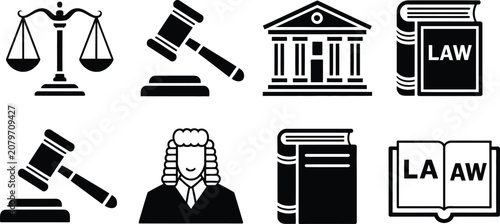 Bild auf Leinwand Law and justice icons illustration set, generic legal scales judge gavel courthouse law book and attorney symbols