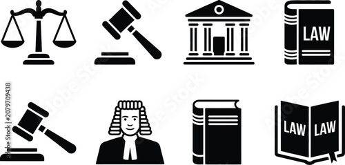 Bild auf Leinwand Legal justice icons collection illustration set, generic courthouse gavel scales law book and courtroom symbols