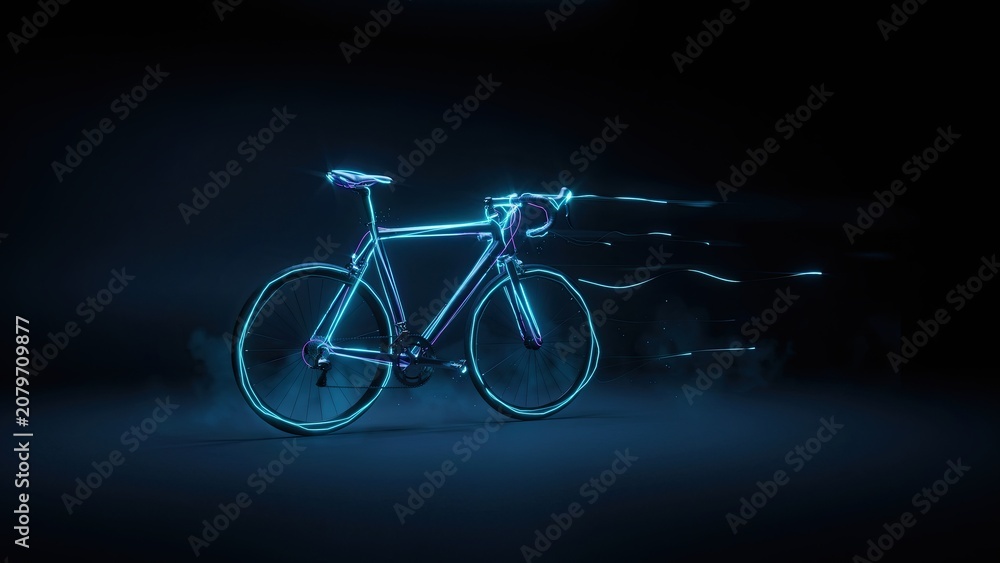 Fototapeta premium Bicycle silhouette shines with a vibrant blue neon outline against a deep dark background for modern branding style.