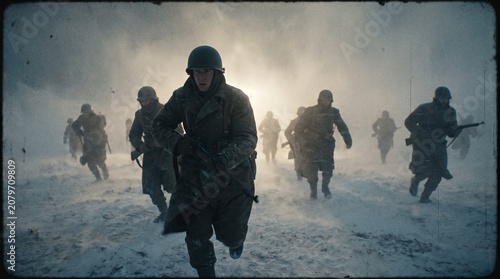 Soldiers running through snow during a battle