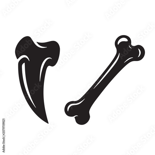 Prehistoric dinosaur tooth and fossilized bone set in black and white silhouette design with dinosaur