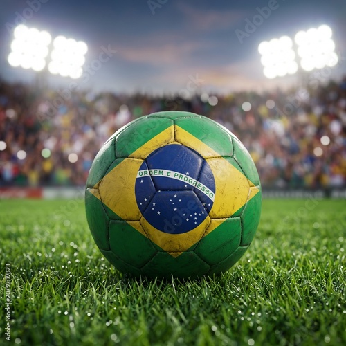 Brazilian flag soccer ball on grass stadium