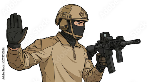 Fotografie Cartoon illustration of a masked and gloved tactical operative holding a rifle and signaling with one hand against a plain white background