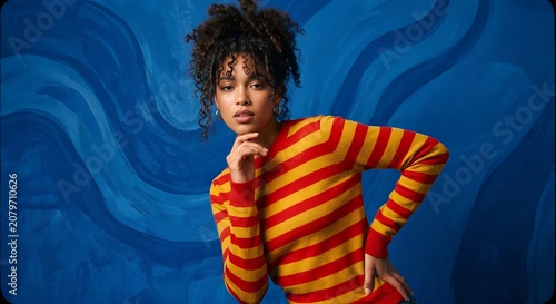 Young woman posing thoughtfully in striped sweater against blue background  