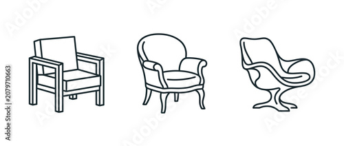 Three distinct chair designs illustrated in black line art on a white background