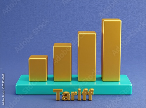 Golden bars ascend on teal platform, illustrating upward trend and tariff concept. Business finance growth metrics show positive economic data in simplified chart.