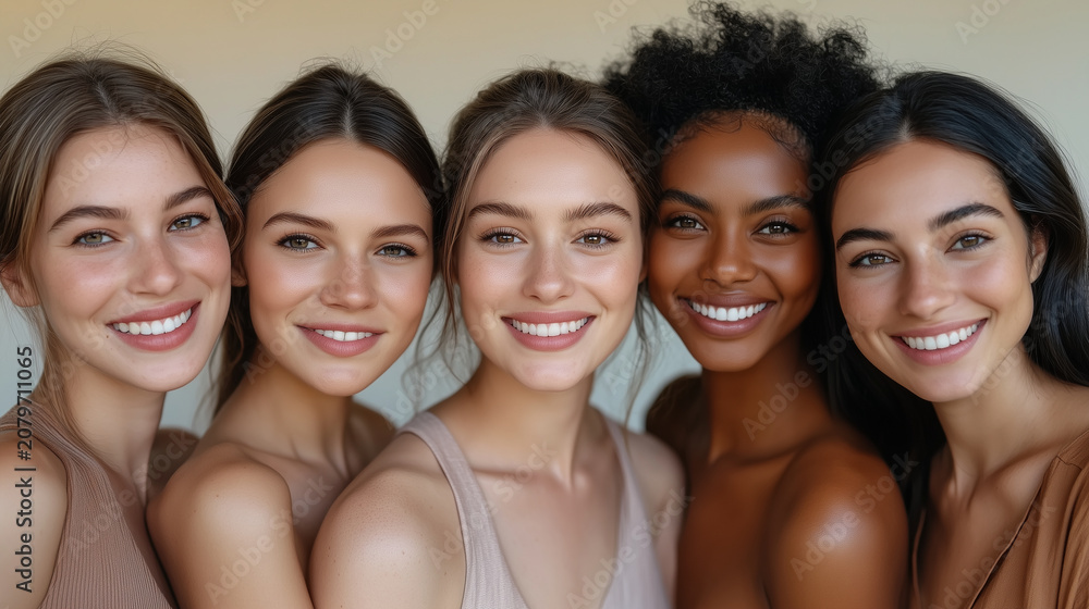 Fototapeta premium Diverse Group of Women Smiling Together Beauty Inclusion Skincare Empowerment Multicultural Female Friends Unity Harmony Sisterhood Natural Radiance Diversity Representation Concep