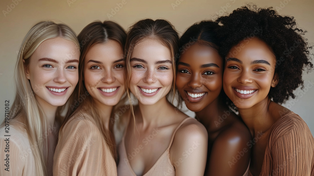 Obraz premium Diverse Group of Women Smiling Together Beauty Inclusion Skincare Empowerment Multicultural Female Friends Unity Harmony Sisterhood Natural Radiance Diversity Representation Concep