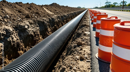 Large corrugated pipe installed in trench alongside rural road. Orange traffic barrels mark construction zone, directing vehicles around work area. Daylight scene shows infrastructure development.