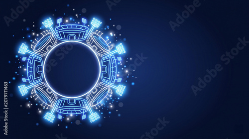 Blue Neon Soccer Stadium Circle Frame Glowing on Dark Background, Football Championship Design