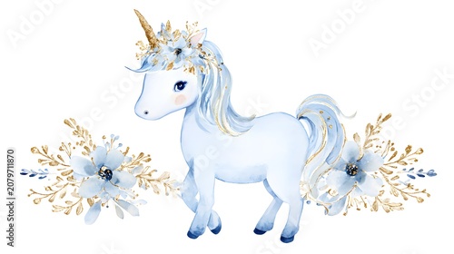 Majestic White light blue Unicorn Watercolor Illustration. Magical Winter Fantasy Art with Gold Accents.