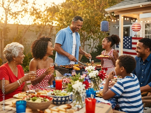 Family Gathering at Backyard Barbecue Celebration in Warm Sunset Light
