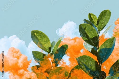 Close Up Green Tea Leaves Against Soft Orange Sky With Clouds Background foliage plant