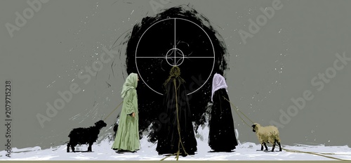 the two cloaked figures approach the mark with their animals; symbolic strange imagery