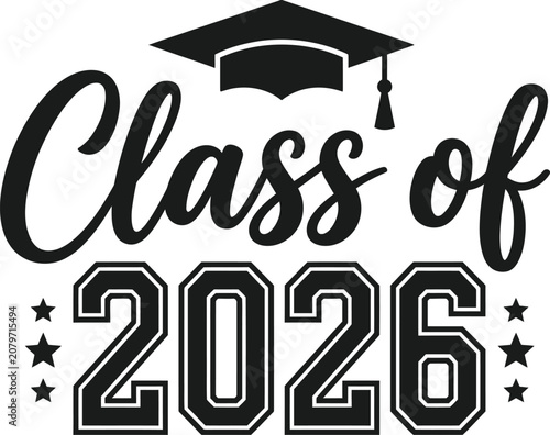 Graduation cap and Class of 2026 text with stars