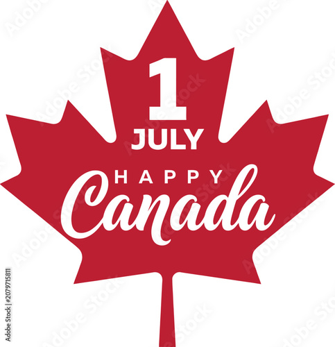 Red maple leaf with Happy Canada Day text on white background