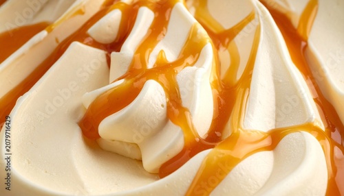 Close up creamy vanilla ice cream texture with rich caramel