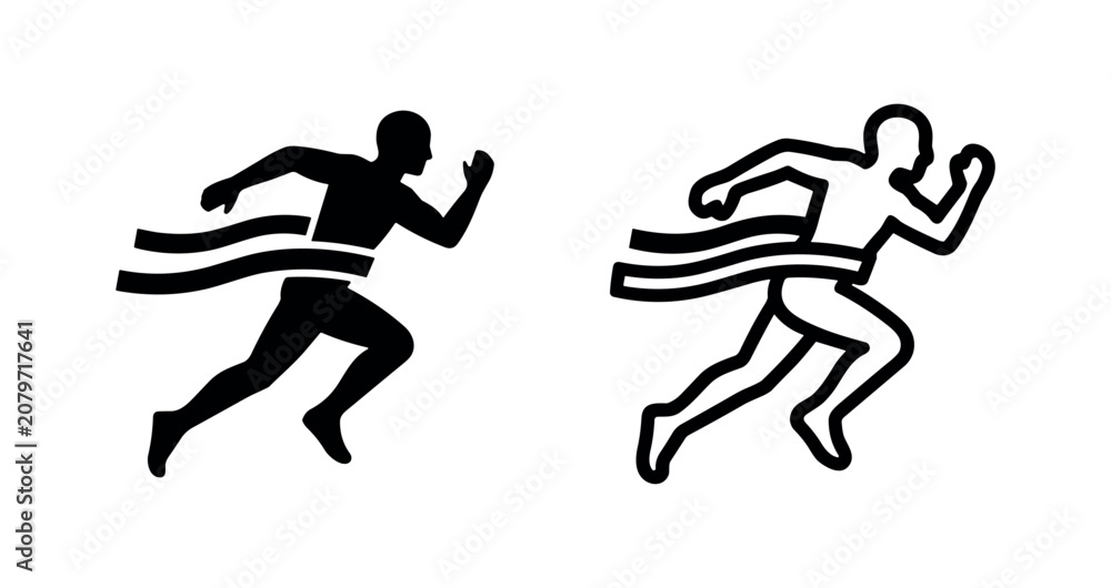 Fototapeta premium Runner crossing finish line icon in glyph and outline style, symbolizing victory, competition, or achievement.
