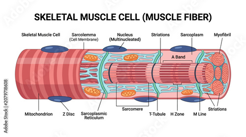 Photography Detailed anatomical illustration of a skeletal muscle cell, showcasing its various components and structures on a plain white background