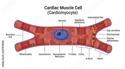 Bild auf Leinwand Detailed illustration of a cardiac muscle cell, also known as a cardiomyocyte, with labeled components on a clean white background