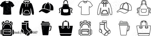 Clothing and accessory icons set including t-shirt hoodie cap apron backpack socks cup bag