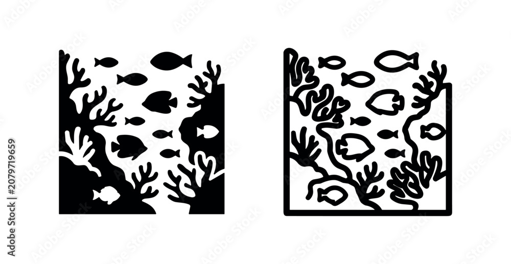 Fototapeta premium Underwater Coral Reef with Fish Icon Set - Marine Life and Ocean Ecosystem