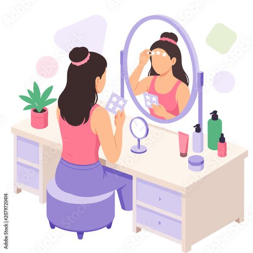 Acne Positivity Day Woman Applying Skincare in Front of Mirror.