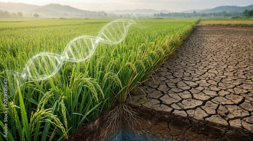 Fototapeta premium Wide rice paddy at the edge of a dry field, green panicles beside cracked soil, with a transparent DNA helix overlay, water droplets on leaves, and a split-scene view showing deeper roots and fuller