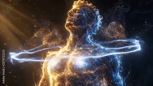 Glowing human figure surrounded by swirling energy rings, cosmic particles, and blue orange light in a futuristic spiritual transformation scene.