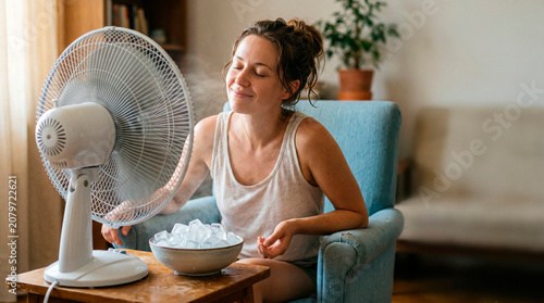 Woman sitting in chair cooling herself with electric fan and bowl of ice. Relief from extreme summer heat during heatwave at home. DIY air cooling method to stay comfortable indoors.
