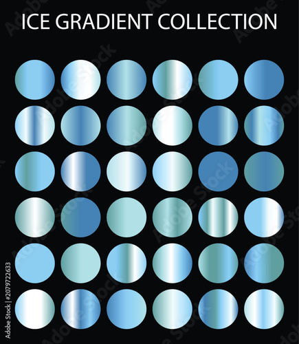 Schilderij op canvas Ice gradient collection, 36 metallic blue and silver circles on black background