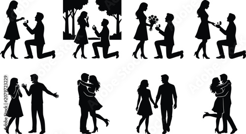 Black Silhouette Collection of Couples Featuring Proposals, Hugging, Kissing, Walking, and Romantic Outdoor Scenes