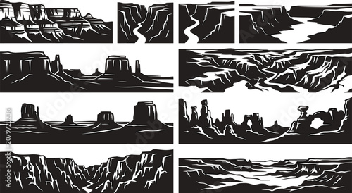 Black and White Silhouette Collection of Canyon and Desert Landscapes Featuring Cliffs, Mesas, Riverbeds, and Rock Formations