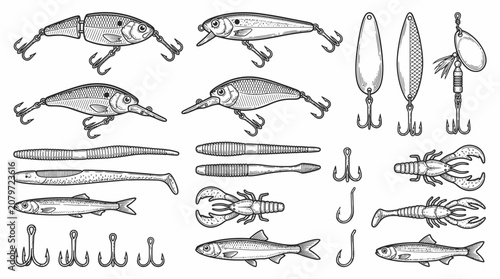 Vintage Fishing Lures and Tackle Engraving Illustration Set