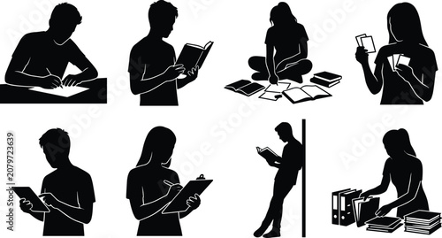 Silhouettes of People Reading, Writing, and Studying in Different Work and Learning Activities