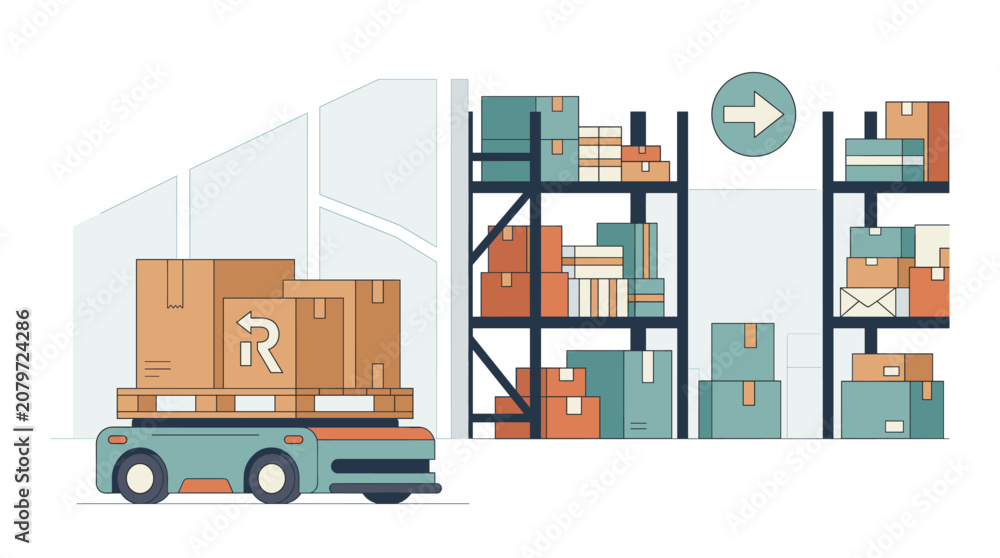 Naklejka premium Automated Warehouse Robot Transporting Pallet of Cardboard Boxes