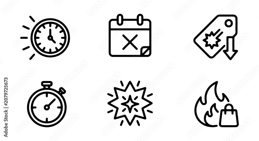 Fototapeta premium Time Management, Deadline, Sale Icons: Clock, Calendar, Stopwatch, Shopping Bag