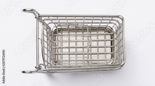 Top View of Empty Metal Shopping Cart Isolated on White Background