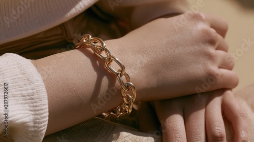 Elegant Gold Chain Bracelet on Female Wrist Against Neutral Beige Background