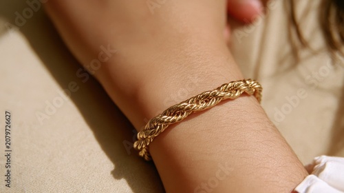 Elegant Gold Chain Bracelet on Female Wrist Against Neutral Beige Background